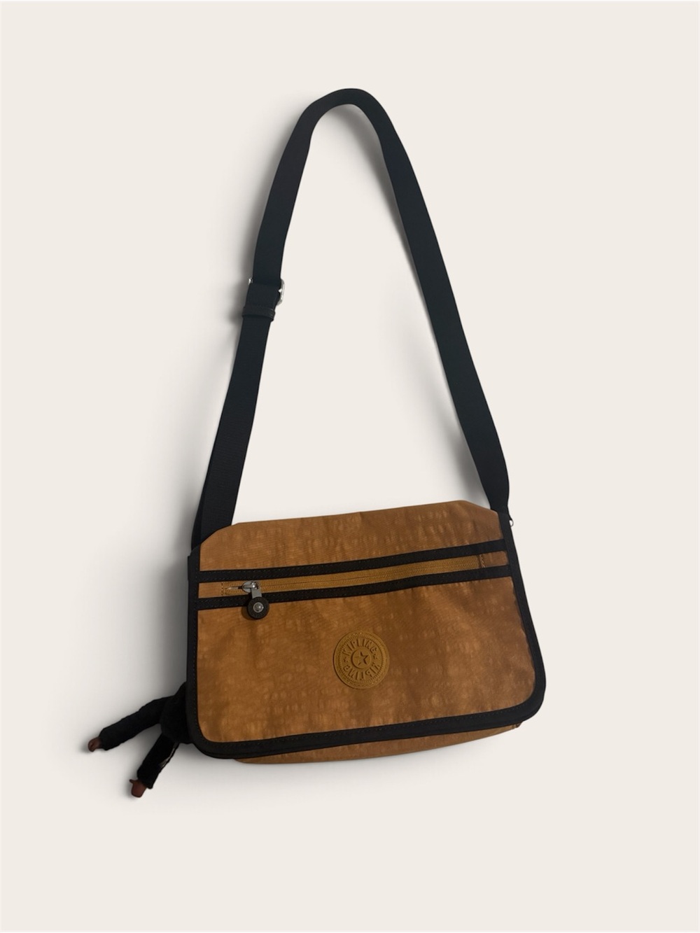Kipling Brown & Black Messenger Crossbody Bag with Monkey Charm